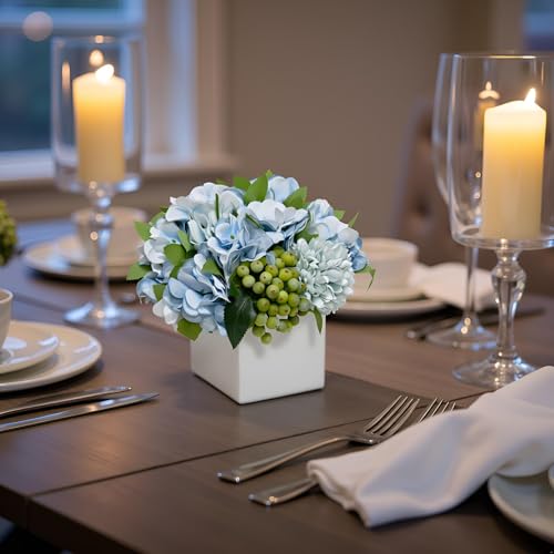 LADADA Fake Flowers in Ceramic Vase,Faux Hydrangea Flower Arrangements for Home Decor Artificial Flowers with Vase - color: Blue Hydrangea