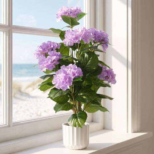 Artificial Purple Hydrangea Plant 31", Large Faux Silk Flower Arrangement in Pot, UV Resistant Tall Outdoor Decorative Floral Decor for Front Porch, Garden, Patio, and Home Office - color: Pale Purple