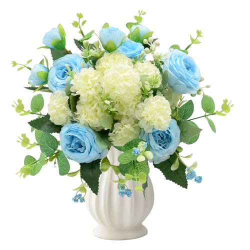 Artificial Flowers Bouquet, Blue Silk Peonies Chrysanthemum Mixed Bouquet with Eucalyptus, Artificial Roses Bouquet for Wedding Centerpieces Bridal Bouquet Mohter's Day Valentine's Day Home Decor - color: Blue