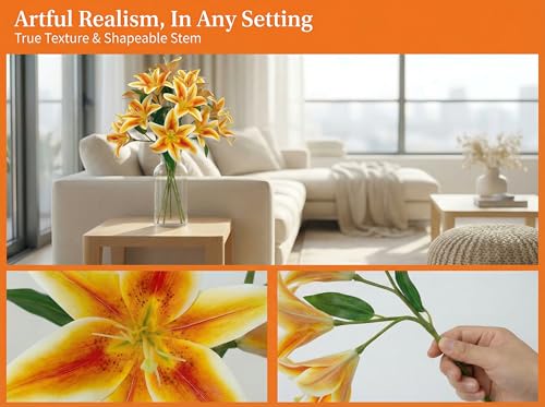 Orange Lily Artificial Flowers,6 Pcs Faux Lilies Flowers,23 Inch Long Stem Tiger Lily Branch with 3 Full Blooms and 4 Leaves, Latex Real Touch Lilium Flower for Wedding Bouquet - color: Orange
