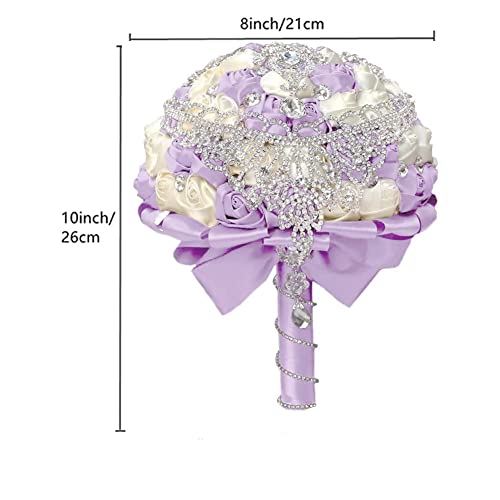 Handmade Luxury Wedding Bridal Bouquet Large Silk Rose Holding Toss Artificial Flowers Bouquets with Satin Ribbon Pearls Rhinestone for Bride Vintage Royal Wedding Bouquet (Light Purple+ Ivory) - color: Light Purple+ Ivory