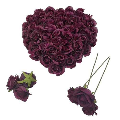 ATFL Artificial Satin Rose Flower Heads,42 Pcs Silk Rose Heads with Stems,3.5'' Rose Artificial Flowers Bulk,Artificial Rose Flower Heads for DIY Crafts Bouquet (42, Burgundy) - color: Burgundy
