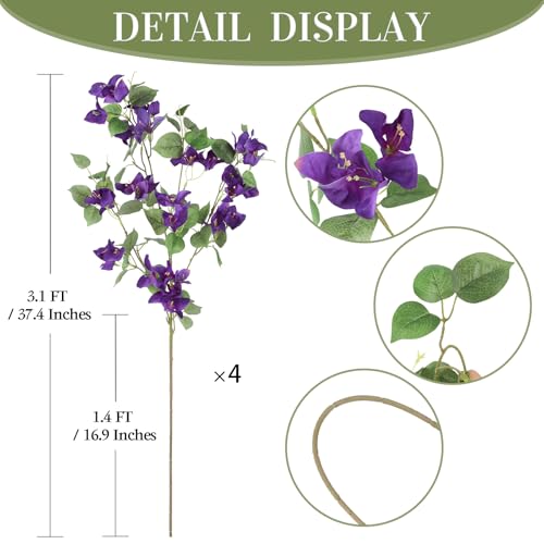 4PCS Bougainvillea Artificial Flowers 37.4" Purple Silk Faux Bougainvillea Long Stem Flowers for Wedding Bouquet Home Party Garden Outdoor Decoration(Purple) - color: Purple