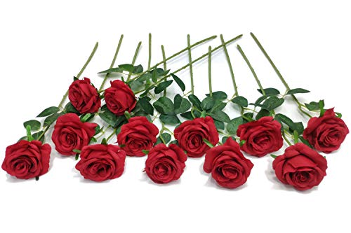 Laelfe 12 pcs Artificial Red Roses Flowers Long Stem Fake Silk Rose for Home Wendding Decorations(Red) - color: Red