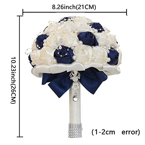 Big Size (8.26") Handmade Diamond Wedding Bouquet for Bridal with Pearl Rhinestones Navy Mix Ivory Color Silk Rose Flowers with Ribbon use in Church (Navy Blue+Ivory) - color: Navy Blue With Ivory