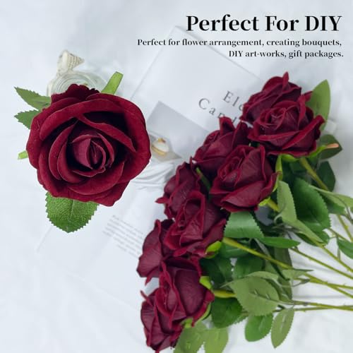 10 PCS Artificial Roses with Long Stems Silk Flowers Realistic Foam Flowers Fake Roses for Valentine's Day Home Wedding Halloween Decor(Wine Red) - color: Wine Red