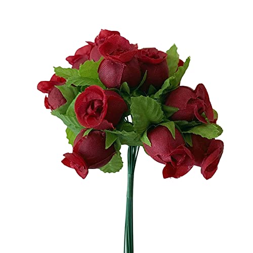 GiftWrap Etc. Burgundy Artificial Silk Flower Roses - 12 Mini Bouquets of 12 Rosebuds, 144 Rosebuds Total, Valentine's Day Decor, Wedding, Reception, Anniversary, Favors, Wreath, Bridal Shower, DIY - color: Burgundy