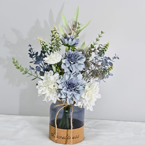 Fake Flowers in Vase,Silk Dahlias in Vases,Flower Arrangements Decoration | Fake Flowers in Vase,Silk Dahlias in Vases,Flower Arrangements for Table,Used for Home Office, Bathroom, Kitchen Decoration - color: Blue+white