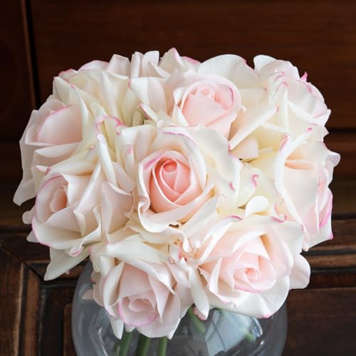 Artificial Roses-10-pcs Soft Touch Fake Flowers with Stems, Realistic Bridal Bouquet & Bulk Home Party Wedding Decor Roses - color: White Pink 10pcs