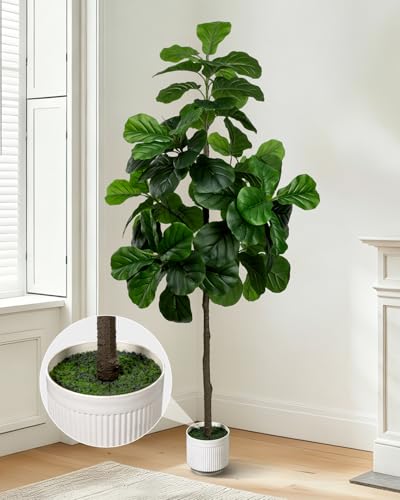 Artificial Fiddle Leaf Fig Tree 6FT - Large Fake Trees with White Planter, Tall Faux Ficus Lyrata Tree Floor Plants for Indoor Home Decor Office Living Room Housewarming Gift, 1Pack - color: 6ft Green