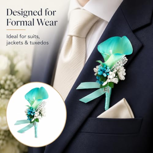 ChezMax Calla Lily Blue Boutonniere Handmade Silk Flower with Ribbon Corsage for Bride Groom Wedding Party 6 Packs - color: B-blue Boutonniere-6 Pcs