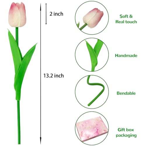 28pcs Pink Flowers Artificial Tulip Stems Real Feel PU Tulips for Easter Spring Wreath Wedding Bouquet Centerpiece Floral Arrangement Cemetery Table Décor 13" Tall - color: Pink