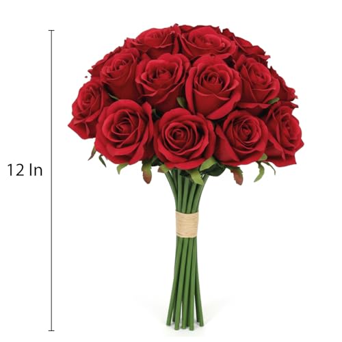 Artificial Red Roses with Stems 12", 18 Pcs Fake Red Flowers for Home Decor, Realistic Silk Roses for Wedding Centerpieces, Valentine’s Gifts & Christmas - color: Red