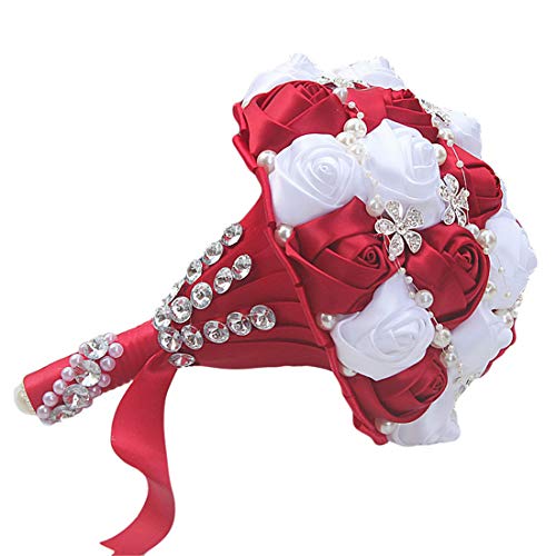 S_SSOY Wedding Bouquet Bride Bridal Brooch Bouquets Bridesmaid Bouquet Diamond Pearl Ribbon Valentine's Day Confession Party Church with Free Corsage Flower, Wine Red+White - color: Wine Red+white