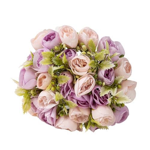 2Bouquet 14 Heads Artificial Rose Silk Flower Arrangements for Home Bridal Kitchen Wedding Party Festival Decor (Purple) - color: Purple