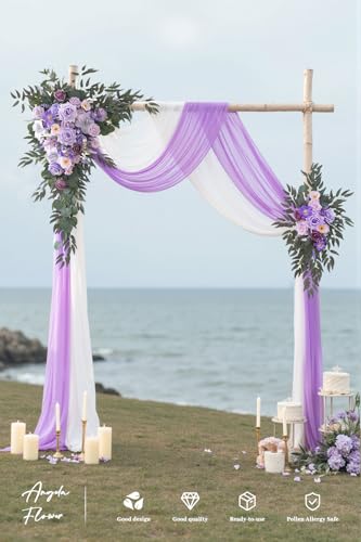 Deluxe Wedding Arch Flowers with Drapes Kit Pack of 4, 2pcs Purple Sage Hanging Silk Flowers Arrangement 2pcs Chiffon Drapes for Ceremony Arbor Party Outdoor Decor - color: Purple & Lavender