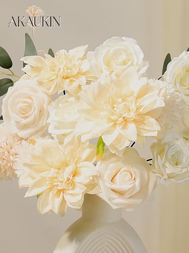 Artificial Flowers Combo Set Creamy Yellow Faux Dahlia Roses DIY Wedding | Flexible wire stems artificial flower set for bridal shower bouquet centerpieces home decor crafts reusable arrangement - color: Creamy Yellow, size: The Minimalist