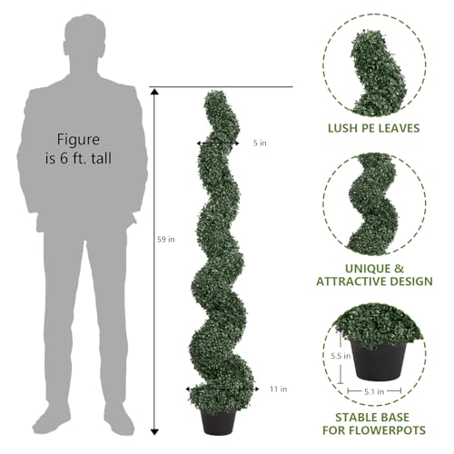 5ft Artificial Spiral Topiary Trees Outdoor Set of 2 – Faux Boxwood Bushes Shrubs, Fake Potted Plants for Front Porch Planter Indoor Outside Decor, UV Resistant 5 Foot - color: Dark Green, size: 5ft