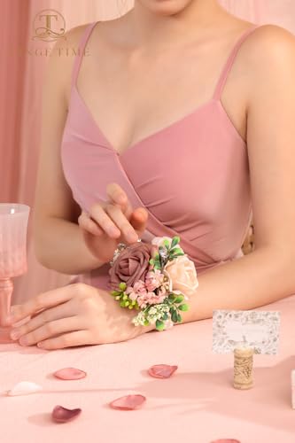 TINGE TIME Set of 2 Wrist Corsage Bracelets Pearl Wristlet Band Bridesmaid Bracelet for Wedding Ceremony Bridal Shower Wedding Artificial Flower Prom (DustyRose&Cream) - color: Dusty Rose & Cream