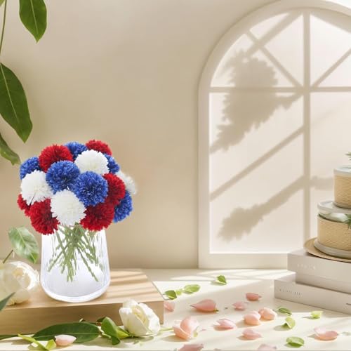 12Pcs Faux Chrysanthemum Flowers 4th of July Patriotic Flower Decor Artificial Mums Memorial Day Fake Ball Flower Home Event Table Centerpieces DIY (White & Red & Blue, 12pcs) - color: White，red，blue （12pcs）