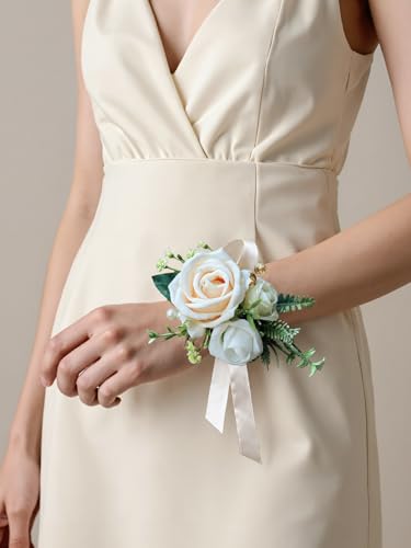 Corsage and Boutonniere Set with Champagne Roses for Bride, Groom, Bridesmaids Groomsmen Weddings, Proms, Homecomings. Perfect Party Suit Decor Wedding Flowers Accessories (Champagne) - color: Champagne