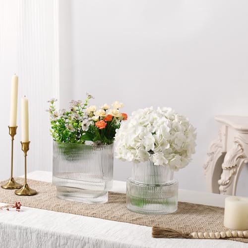 Ribbed Glass Vases, Set of 2 Fluted Vases for Flowers, Clear Vase for Tulips, Modern Glass Vase for Living Room, Dining Table, Office, Entryway, Mantle, Bookshelf, Wedding Gifts - color: Clear, size: Ribbed + Oval (2-Pack)