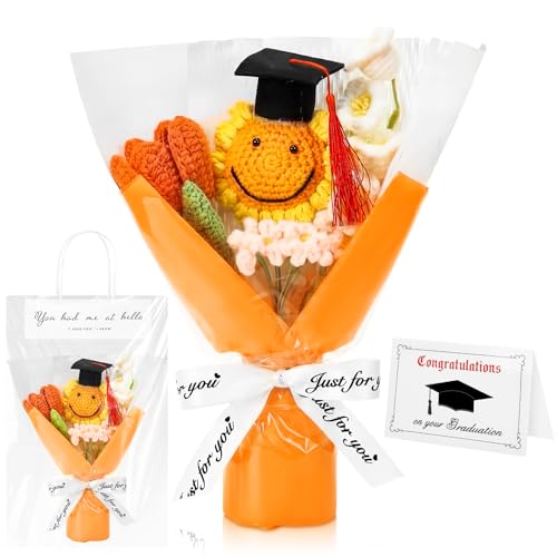 2026 Graduation Crochet Flowers Bouquet Gifts Class of 2026 Graduation Gift for Her Sunflower Mortarboard with Greeting Cards Bag Handmade Knitted Artificial Flowers for Grad(Yellow) - color: Yellow
