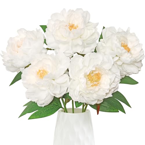 Fake Flowers White Peonies 16 Inch 6 PCS Bulk White Peony Artificial Flower Stems Faux Silk Peonies Flowers for Vase Floral Arrangements Real Touch Peony for Home Table Centerpiece Shelf Decor