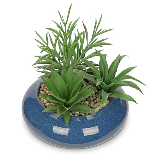 Hollyone Large Artificial Succulents Plants with Blue Vase Faux Succulents Fake Succulent Potted Plant in Ceramic Pot for Home Decor Office Desk Bathroom Living Room Indoor & Outdoor Decorations - color: 1pack - Blue Ceramic