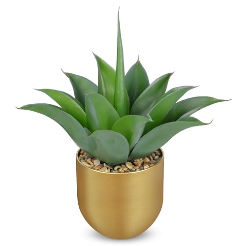Briful Artificial Agave Plant in Gold Metal Pot, 13 Inch Tall Faux Succulent with Gray-Green Wide Leaves, Realistic Decorative Fake Plants for Home, Office, Shelf, Tabletop Decor - color: Aloe Vera Gold Vase