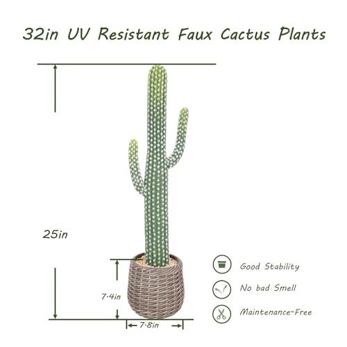 Nafresh Tall UV Resistant Faux Cactus Plant in Brown Woven Planter, 32in Realistic Texture Tall Fake Plant, Artificial Cactus Indoor Outdoor for Home Office Living Room Bedroom Porch Decor, 2 Pack - size: 32in - 2pack