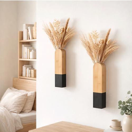 Modern Wall Vase, Natural and Black Two-Tone Finish, 11.8x2.6x1.6 Inches, Wall Mount Design for Bathroom, Kitchen, Farmhouse, Dining Room Decor - color: Natural and Black