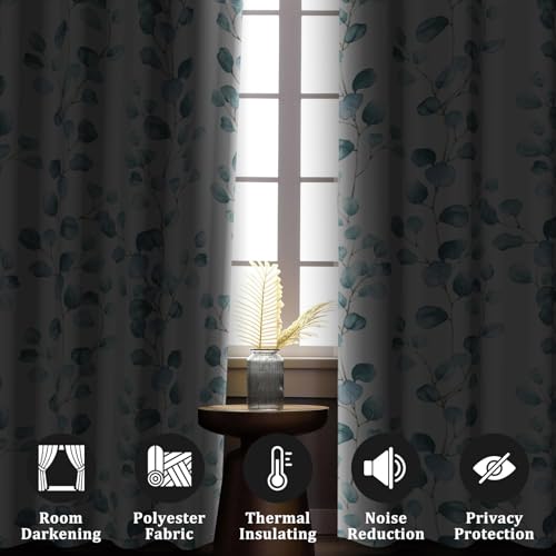 Renaiss Eucalyptus Leaf Curtains Green Eucalyptus Print Blackout Window Drapes for Bedroom Botanical Grommet Top Thermal Insulated Window Curtains for Living Room 29W x 45L 2 Panel Set - color: Eucalyptus, size: 29"W x 45"L (Pack of 2)