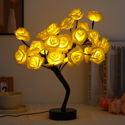 Drawelry Rose Flower Tree Lamp - LED Rose Tree Table Lamp USB/Battery Powered Artificial Bonsai Flower Night Light for Bedroom Living Room Party Wedding Birthday Decor (Yellow) - color: Yellow