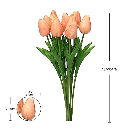 10 Pcs Peach Tulips Artificial Flowers Real Touch Fake Tulips Fake Flowers for Mother's Day 13.5" Faux Tulips Faux Flowers Bulk Artificial Tulips Flowers for Vase Centerpieces Home Wedding Bouquet - color: Peach #10