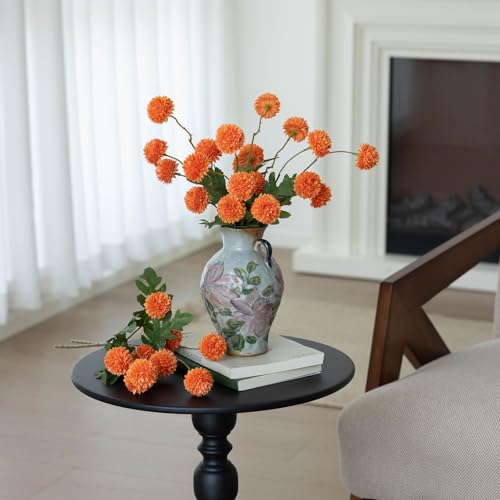 mizii 6Pcs Orange Fake Silk Pompon Mum Artificial Flowers Bulk Small Faux Chrysanthemums with Stems Realistic Floral Decorations for Wedding DIY Bouquet Centerpieces Shower Vase Home Decor (Orange) - color: Orange