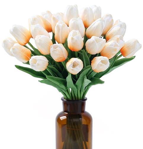 SITUMEIZI 15pcs Tulips Fake Artificial Flowers Real Touch 14" Silk Flower for Home Decor Spring Easter Wedding Bouquet Decorations Floral Arrangements(Light Champagne) - color: Light Champagne