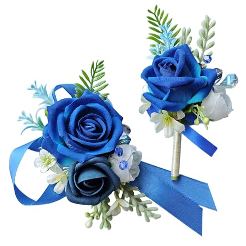 Corsage and Boutonniere Set with Athens Blue Roses for Bride, Groom, Bridesmaids Groomsmen Weddings, Proms, Homecomings. Perfect Party Suit Decor Wedding Flowers Accessories (Athens Blue) - color: Athens Blue