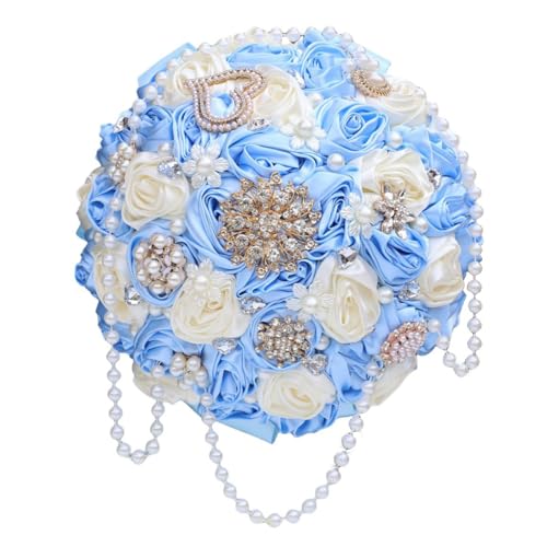 Light Blue Bridal Wedding Bouquet with Rhinestone Brooch Pearl String Cascade Bouquet for Bride Bridesmaid Quinceanera Satin Rose Flower Bouquet Wedding Light Blue and Ivory 7.5in - color: Light Blue & Ivory, size: Medium (DIA. 7.5"/19cm)