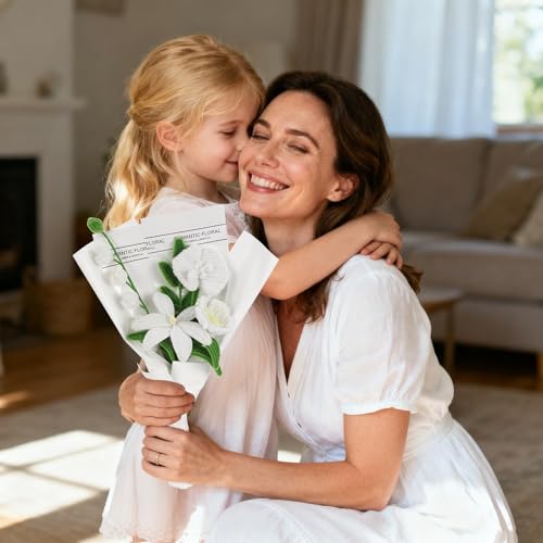 Handmade Artificial Lily Bouquet Twist Stick Combination Flower Bouquet Kit for Women Wife Lover Friends Anniversary Birthday Valentine's Day Mother's Day Graduation Gifts (White)