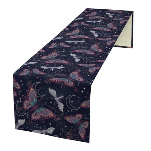 Butterfly Table Runner,Retro Gothic Butterflies Moon Table Runner for Holiday Kitchen Living Room Home Party Decor 13x36 Inch - color: Butterfly-5, size: 13x36in