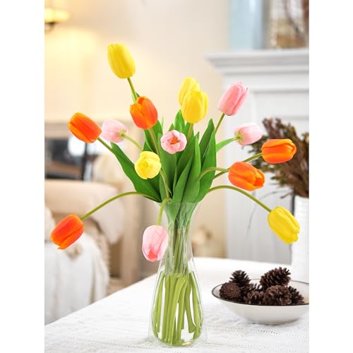 FiveSeasonStuff Real Touch Long Stem Tulips – 15 Artificial Flowers with Foldable Vase (Orange, Yellow, Pink) for Home Décor, Weddings, and Gifts (Festive Blooms) - color: Festive Bloom Long Stems With Vase