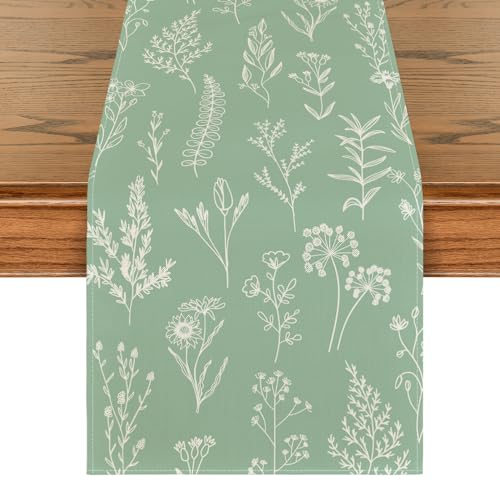 Artoid Mode Sage Green Leaves Flowers Spring Table Runner, Seasonal Kitchen Dining Table Decoration for Home Party Decor 13x72 Inch - color: Sage Green, size: 13" x 72", Table Runner