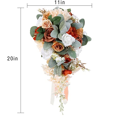 Wedding Bouquet, 11 Inch Terracotta Wedding Decor Artificial Flowers Bridal Bouquet Cascading Wedding Bouquets for Bride for Wedding Ceremony and Anniversary(Chic Terracotta) - color: Chic Terracotta