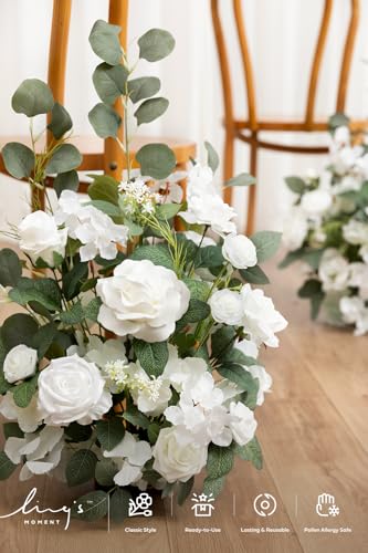 Ling's moment 17.5" Tall Free Standing Artificial Flowers Arrangements 2 pcs Wedding Aisle Runner Chair Decorations White Sage Centerpieces for Ceremony Reception Eucalyptus Rose Floral Party Outdoor - color: Wht- White & Sage