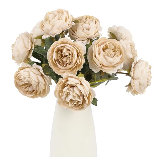 IPOPU 10pcs Beige Peonies Artificial Flowers Silk Peonies with Stems Real Look Fake Peony for Home Table Decorations Wedding Faux Flowers Arrangements - color: Beige