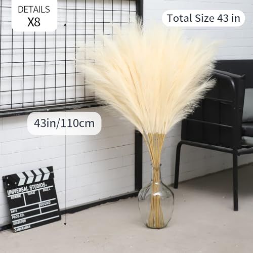 43" Faux Pampas Grass Decor Tall - 8 PCS Beige Pampas Grass for Floor Vase Fluffy Artificial Pampas Grass for Wedding Boho Home Baby Shower Mothers Day Decoration - color: Beige