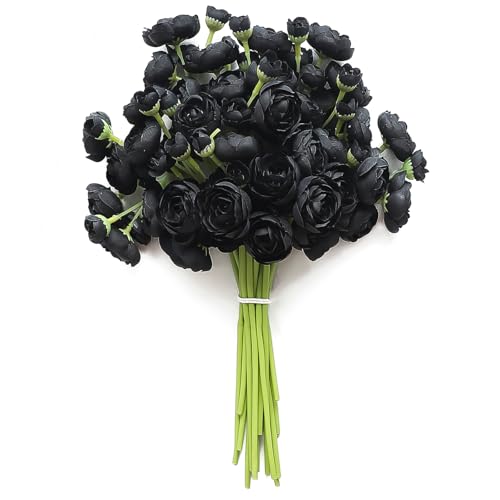 Floroom Ranunculus Artificial Flowers 18 Pcs Black Faux Silk Mini Ranunculus Bulk Fake Wedding Filler Flowers for DIY Bouquets, Centerpieces, Bridal Shower Decorations & Arrangements - color: Black