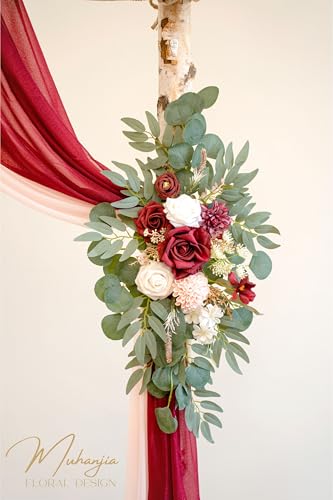 Muhanjia Artificial Wedding Arch Flowers Kit(Pack of 4),2Pcs Artificial Flower Arch Decor, 2Pcs Chiffon Fabric Drapes, Ceremony Decoration, Floral Outdoor Party Decor (Burgundy & Blush) - color: Burgundy & Blush