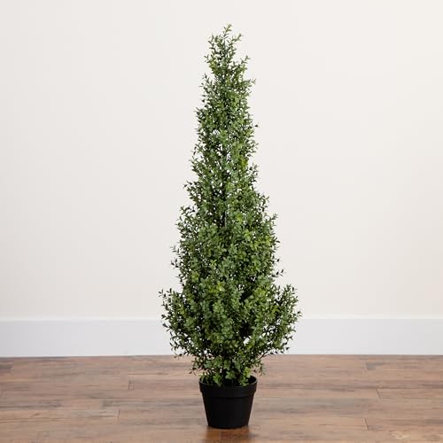 Nearly Natural 4ft UV-Resistant Artificial Boxwood Topiary Tree - Lifelike Greenery for Indoor and Outdoor Decor, Includes Nursery Planter